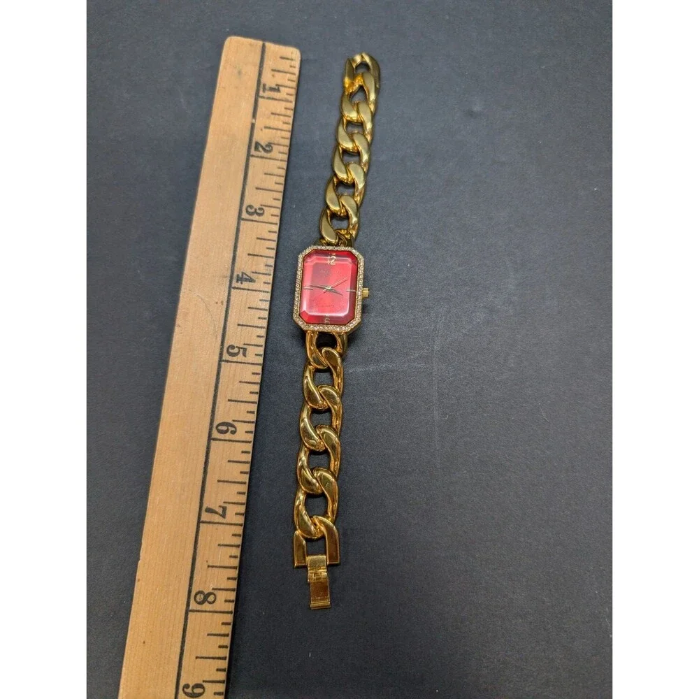 Joan Rivers Classic Watch Gold Tone Chain Woven Band Red Face Untested